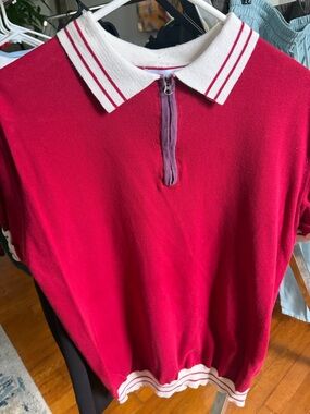 Men's Red Polo-Style Knit Sweater with White Trim